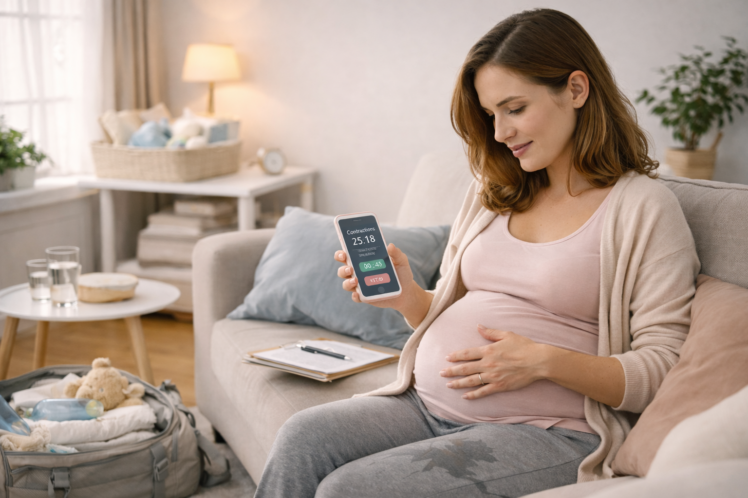 беременная женщина считает схватки перед родами дома