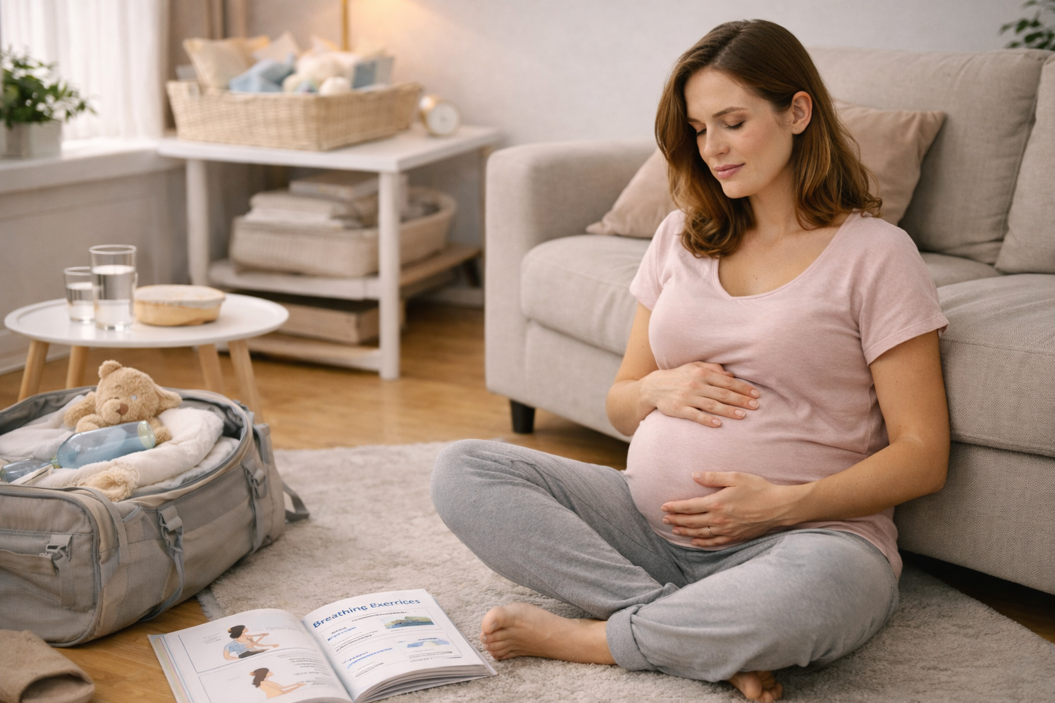 беременная женщина самостоятельно готовится к родам дома